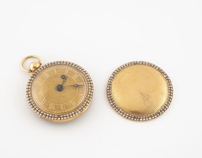  Small pocket watch with cock in yellow gold (750). 
Back cover guilloche with radiating...