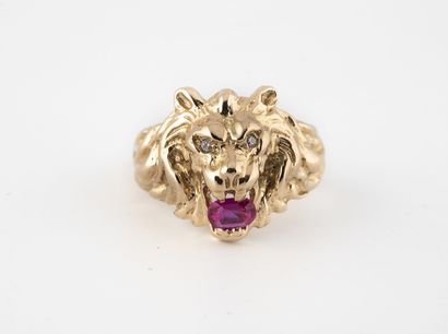 Yellow gold (750) lion ring holding in its...