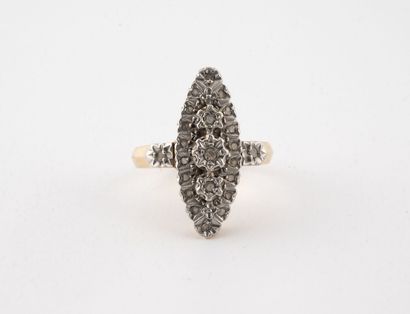  Yellow and white gold (750) marquise ring set with small rose-cut diamonds in a...