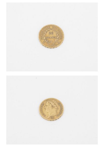 France Pièce de 20 francs or, 1808, Napoléon Empereur. 

Poids : 6.4 g. 

Usures...