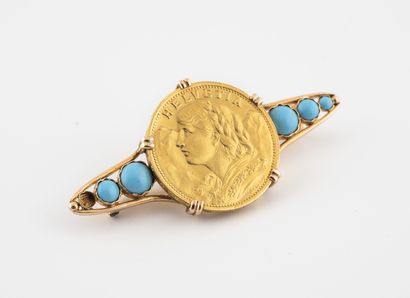 null Brooch in yellow gold (750) holding a 20 francs Swiss gold coin, Helvetia 1899,...