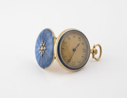  Yellow gold collar watch (750). 
Blue enamelled back cover on a radiating guilloche...