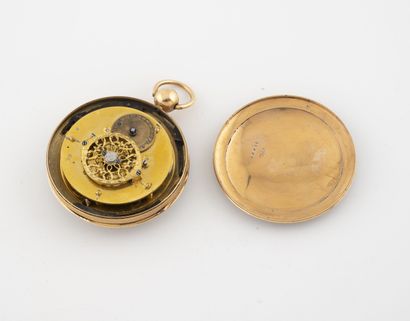  Small pocket watch with cock in yellow gold (750). 
Back cover guilloche with radiating...