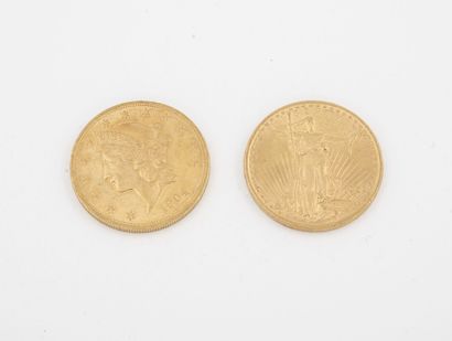 ÉTATS UNIS Deux pièces de 20 dollars or, 1904 et 1922. 
Poids total : 66.8 g. 
Rayures...