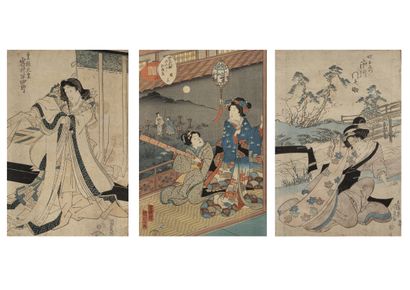 JAPON, seconde moitié du XIXème siècle Three colored prints.

After Utagawa KUNISADA...