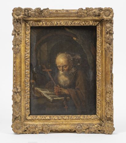 D'après Gérard DOU (1613-1675) Ermite. 

Huile sur panneau. 

28 x 23 cm. 

Usures...