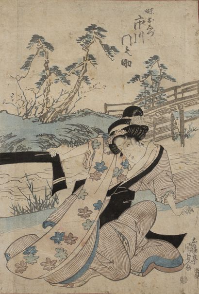 JAPON, seconde moitié du XIXème siècle Three colored prints.

After Utagawa KUNISADA...