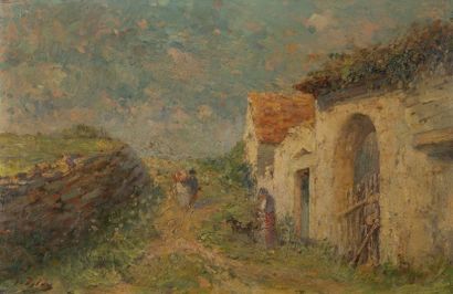 Georges DELOY (1856-1930) Characters on a path in front of a farm entrance.

Oil...