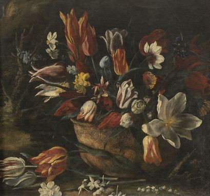 Ecole toscane du milieu du XVIIème siècle Bouquet of flowers in a stone vase on a...