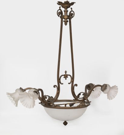 null Brass suspension with two arms of light with cover bulbs and frosted glass cup...