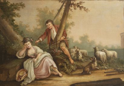 Ecole dans le goût du XVIIIème siècle Shepherd tickling a drowsy young woman.

Oil...