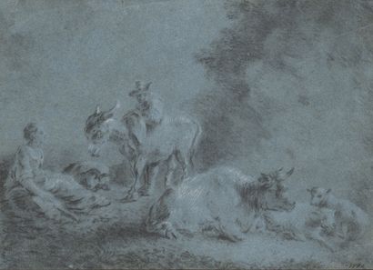 Attribué à Jean-Baptiste HUET (1745-1811) Bergère et son troupeau, homme et son âne.

Fusain...
