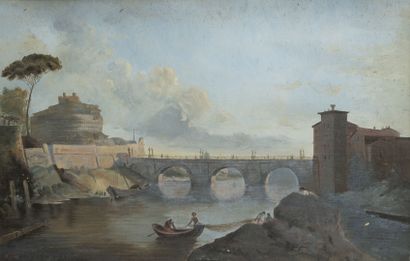 École du milieu du XIXème siècle Pêcheurs sur le Tibre devant le pont et le château...