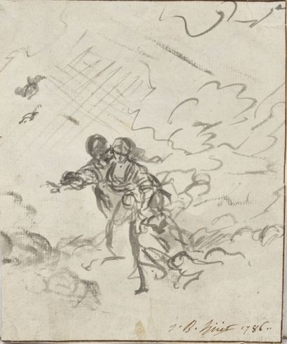 Attribué à Jean-Baptiste HUET (1745-1811) Couple. 
Fragment. Esquisse au lavis. Contrecollé....