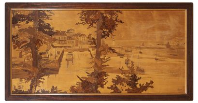 Pierre ROSENAU (XXème siècle) Port of Sauzon, Belle Ile en Mer.

Wood marquetry.

Signed...