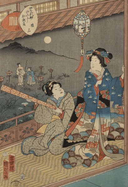 JAPON, seconde moitié du XIXème siècle Trois estampes colorées.

D'après Utagawa...