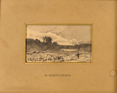 Henri Joseph HARPIGNIÈS (1819-1916) Paysage animé, 1907. 
Encre et lavis d'encre...