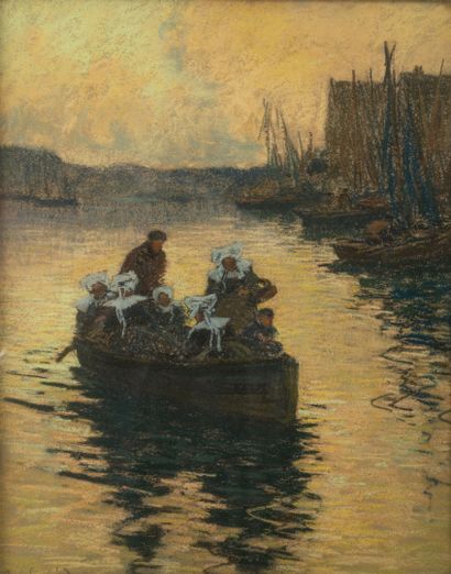 Fernand LEGOUT-GERARD (1856-1924) Concarneau, the ferryman. 
Pastel on paper. 
Signed...