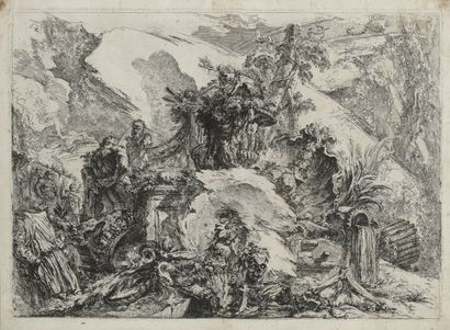 D'APRÈS JEAN-BAPTISTE PIRANESE (1720-1778) Capriccio with grotesques, ruins and fountain.

Etching.

Signed...