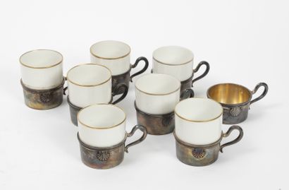 Eight silver cup holders (950) with shell...