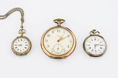 null Three silver collar or gusset watches (min. 800). 

One signed OMEGA.

With...
