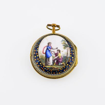 L'EPINE, à Paris Pocket watch with gilded brass cock. 

Back cover with central enamelled...
