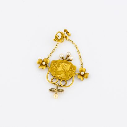 Yellow gold (750) pendant holding a medallion...