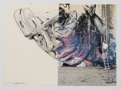 Hopare (né en 1989) Loures, 2021. 
 Ink on paper partially printed from a photograph...