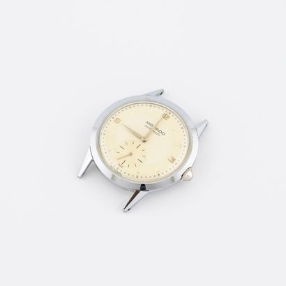 MOVADO Boîtier rond de montre bracelet d'homme en acier. 

Cadran à fond blanc satiné,...