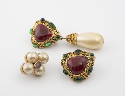 CHANEL Set of three gold-plated metal earrings adorned with colored glass cabochons...