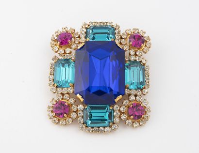 CHANEL Gold-plated cruciform pendant brooch set with royal blue and turquoise faceted...