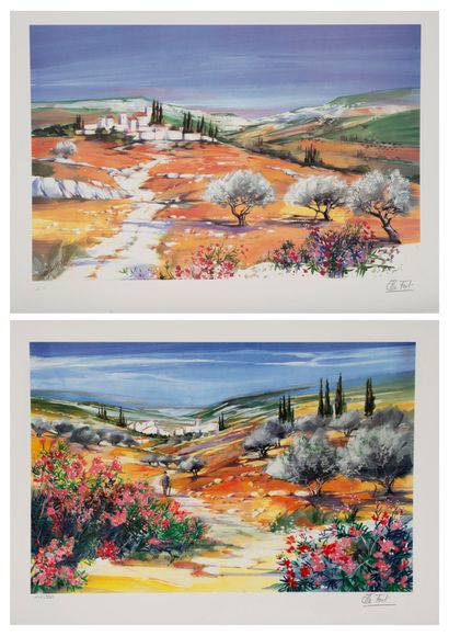 Ella FORT (XXème siècle) Paysage de Provence. 
Deux lithographies en couleurs sur...