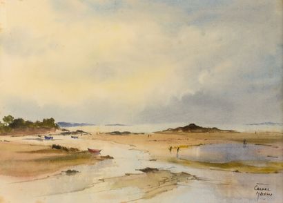 Yves DE MARE (1924-1998) Carnac, low tide. 

Watercolor and gouache on paper. 

Signed...