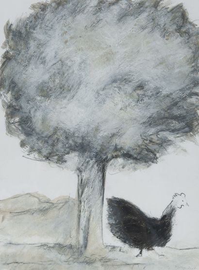 Francine MILLOT (1943) Poule sous un arbre, 2007. 
Mine de plomb, fusain et gouache...