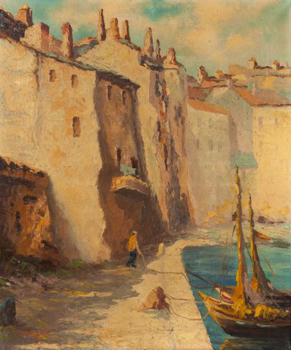 Ecole du XXème siècle Mediterranean port.

Oil on canvas.

Bears a signature in the...