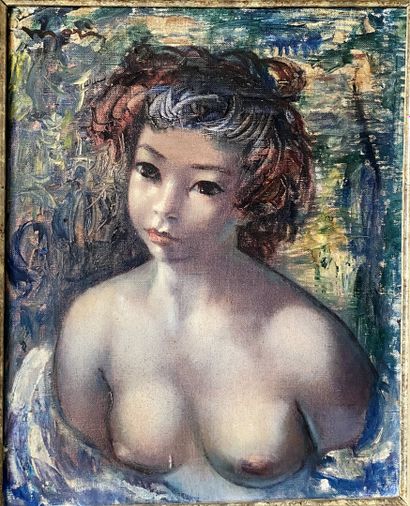 Ecole du XXème siècle Young girl in stripped bust. 
Oil on canvas. 
Signed in the...