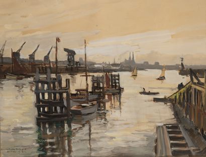 Lucien Victor DELPY (1898-1967) Vue au phare du port d'Ostende, animée de voiliers...