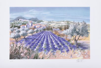 Ella FORT (XXème siècle) Paysages de Provence. 
Lot de quatre lithographies en couleurs...