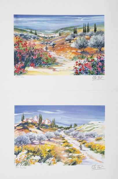 Ella FORT (XXème siècle) Paysages de Provence. 
Lot de quatre lithographies en couleurs...
