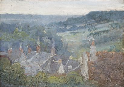 Ecole du début du XXème siècle Landscape of a valley. 
Oil on canvas mounted on cardboard....