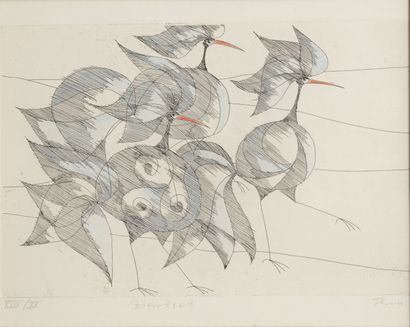 Paul Flora (1922-2009) Three birds. 
Etching on paper. 
Signed lower right. 
Numbered...