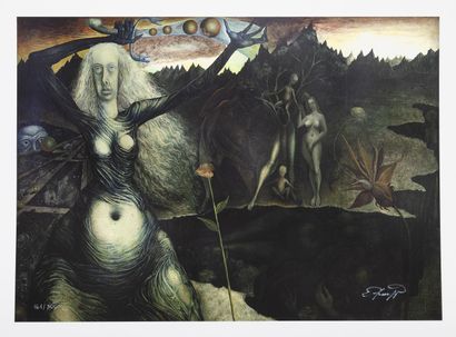 D'après Ernst FUCHS Lot of three lithographs in colors on paper: 

- Female nude....