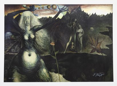 D'après Ernst FUCHS Lot de trois lithographies en couleurs sur papier : 

- Nu féminin....