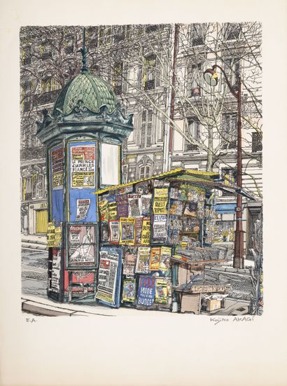 KOJIRO AKAGI (1934) Le kiosque à journaux, Paris. 
Lithographie en couleurs sur papier....