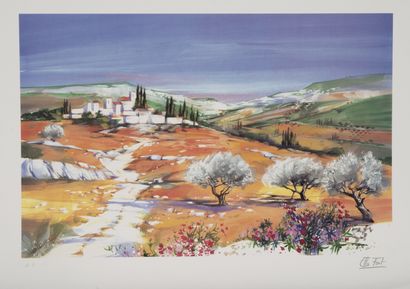 Ella FORT (XXème siècle) Paysage de Provence. 
Deux lithographies en couleurs sur...