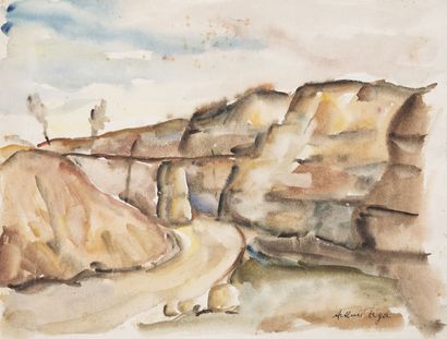 Ecole du XXème siècle The road.

Watercolor. 

Signed lower right.

26 x 34 cm. 

Folds,...