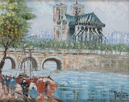 Caroline C. BURNETT (XIXème-XXème siècle) The quays and the chevet of Notre-Dame....