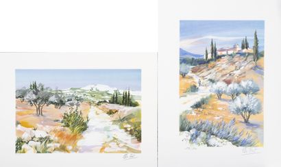 Ella FORT (XXème siècle) Landscapes of Provence. 
Lot of four lithographs in colors...