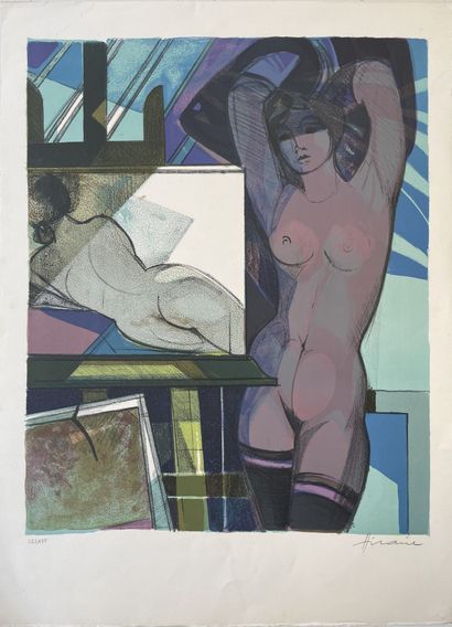 Camille HILAIRE (1916-2004) Le modèle dans l'atelier. 
Lithographie en couleurs sur...