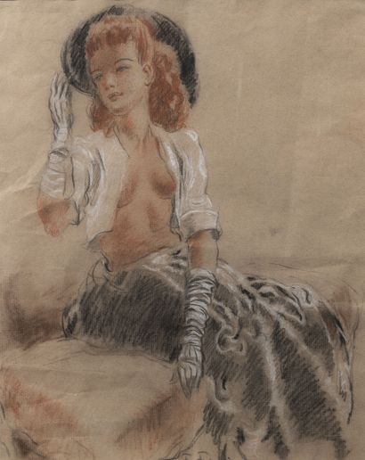 Fabien FABIANO (1883-1962) Femme rousse au chapeau noir, la poitrine dénudée. 
Sanguine,...